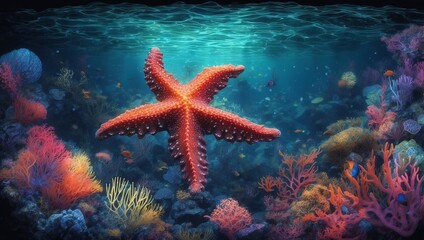 Wall Mural - Stunning illustration of an otherworldly underwater scene with glowing starfish and coral, glowing in the dark with colorful multicolor light, centered on a black background