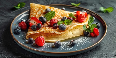 Canvas Print - Delicate crepes with milk eggs fresh berries and mint