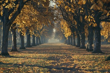 Wall Mural - A park with abundant trees and fallen leaves