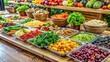 © Four888 - Fresh vegetables, fruits, and nuts are artfully arranged on a wooden table at a modern salad bar, inviting customers to create their perfect healthy meal.