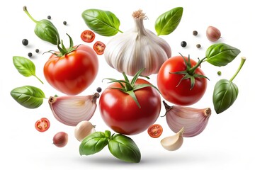 Fresh tomato, fragrant basil leaves, pungent garlic, translucent onion, and coarse black pepper suspended in mid-air, warmly lit against a pristine white background.