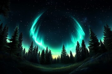 Poster - A minimalist design featuring simple arcs of green and blue light representing the Northern Lights, set against a dark, star-speckled background