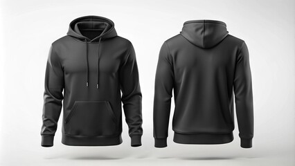 Front view of a blank black hoodie with a hood up, hanging on a white background, perfect for designing and showcasing custom apparel, textiles, or logos.