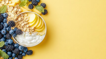 Wall Mural -   Oatmeal, fruit, and mint leaves on yellow background with blueberries, apples, and raspberries