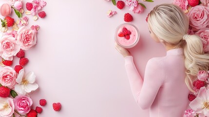 Wall Mural -   A woman in a pink bodysuit holds a raspberry soufflé on a pink background