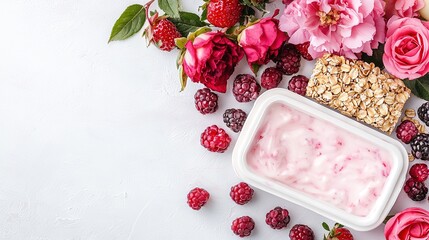 Wall Mural -  A white plate holds a bowl brimming with raspberry-filled yogurt and an array of vibrant blossoms