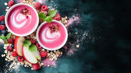 Wall Mural -   Two bowls of yogurt with raspberries and granola on a black tablecloth