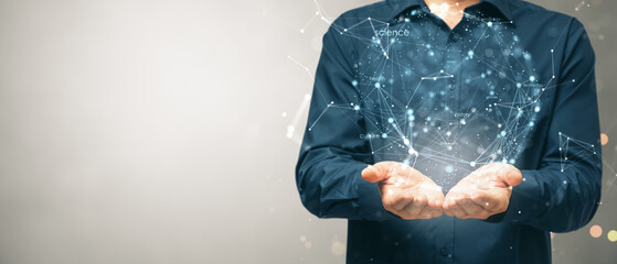 Poster - Close up of male hands holding creative digital sphere on concrete wide wall background with mock up place. Global world and network concept.