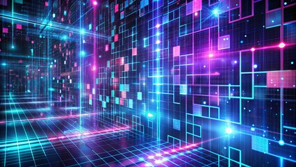 Futuristic neon-lit digital grid with binary code and pixelated distortions creates a mesmerizing, high-tech cyberpunk-inspired abstract texture for tech and futuristic designs.