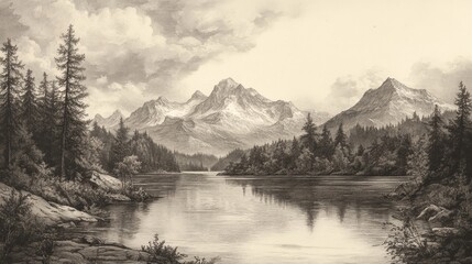 Vintage Engraving of Pristine Natural Landscape with Mountains, Forests, and River