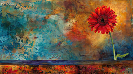 Wall Mural -   Red flower in foreground against blue and yellow backdrop with word pink inscribed