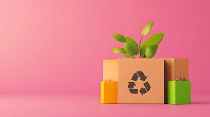 A cardboard box with a recycle symbol and a green plant on top. The box is on a pink background.