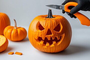 Poster - A minimalist image of pumpkins being carved for Thanksgiving