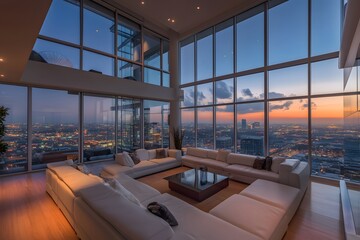 Wall Mural - Modern Penthouse with Stunning Cityscape View at Dusk