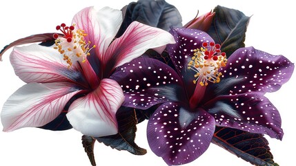   A picture of two purple and white blooms on top of a green foliage plant with red and white stamens