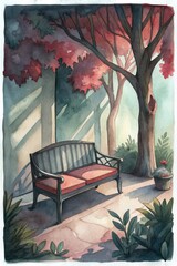 Poster - Cozy garden bench under a canopy of red leaves