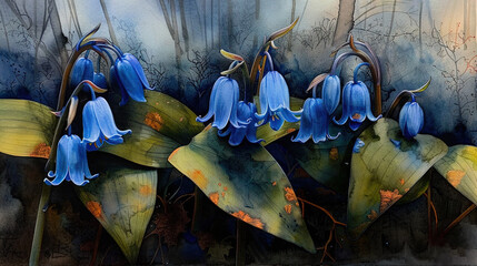   A painting of blue flowers on a green leafy plant in front of a stone wall and a blue sky in the background