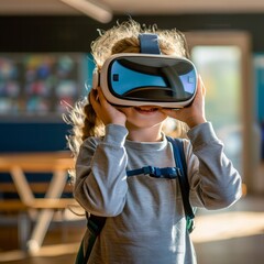 view of young child student with vr glasses