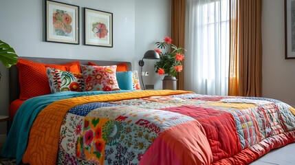 Canvas Print - Colorful bedroom with patchwork quilt and floral accents.