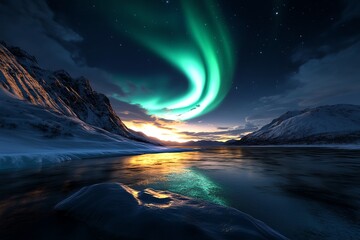 Wall Mural - A realistic night sky filled with the Northern Lights, casting a green and purple glow over a frozen tundra