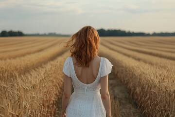 Woman in white dress walks through a field of golden wheat.