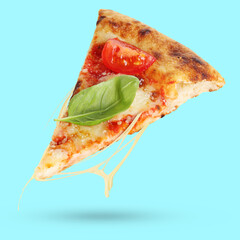 Sticker - Slice of delicious pizza in air on light blue background