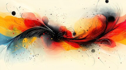 Wall Mural -   A multicolored bird flying in the air, its feathers dotted with black Colors include red, yellow, orange, blue, yellow, red, and black, with a hint