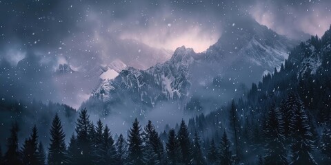 Canvas Print - Snowstorm and Blizzard over Mountain Range with Forest in Night Winter Scenery with Cold Weather and Storm