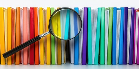 Magnifying glass over colorful file shelves, seaching document