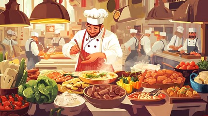 Busy Chef Creating Culinary Delights in a Colorful Kitchen Wonderland - Cartoon Illustration