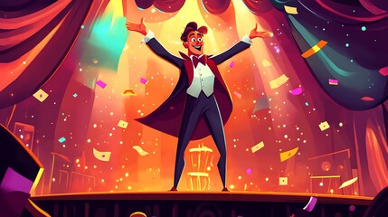 Enchanting Magic Show: Cartoon Style Illustration of Skilled Magician Performing Grand Illusion on Stage with Magical Details