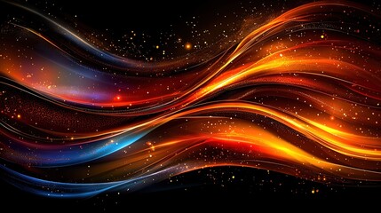 Wall Mural -   Black background with orange, blue, and red swirls and stars in the center; or black background with orange, blue, red, yellow, orange, and white swirl and red,