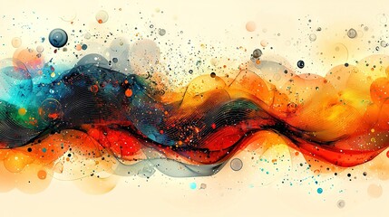 Wall Mural -   A painting of a vibrant wave with bubble patterns at its base in shades of orange, blue, green, yellow, and black