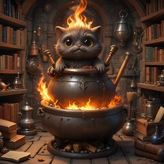 A magical illustration featuring an enchanted cauldron in a medieval setting, with an adorable and lively design. The cauldron has big, bright eyes, and emanates a lively flame.