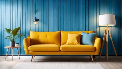 Wall Mural - A retro stylish yellow couch sitting in a living room next to a lamp against a wooden blue wall. Mid century interior design of modern living room.