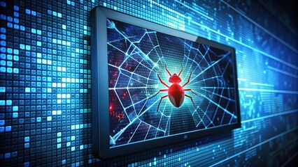 Illustration of a vulnerable website infected with malware, depicting a cracked screen with virus codes and warning symbols in a dark digital background.