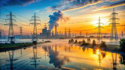 Industrial landscape featuring a network of power lines, transmission towers, and pipes transporting electricity and water resources across a misty landscape at dawn.