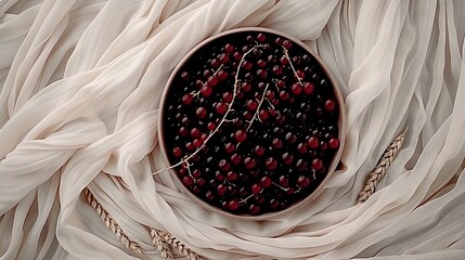 Wall Mural -   A cloth-covered table holds a white cloth and a bowl of cherries