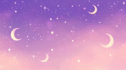 Wall Mural - A dreamy night sky filled with stars and crescent moons in soft pastel colors.