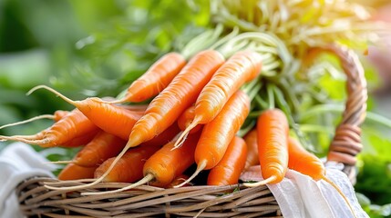 Wall Mural -   Basket filled with many carrots on top of lush green foliage