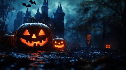 Lit jack-o-lanterns in front of a spooky castle in a foggy, dark forest.