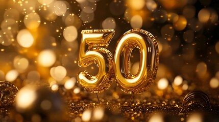 Two golden balloons shaped as numbers 5 and 0, sitting on golden glitter against a blurred background of golden bokeh.