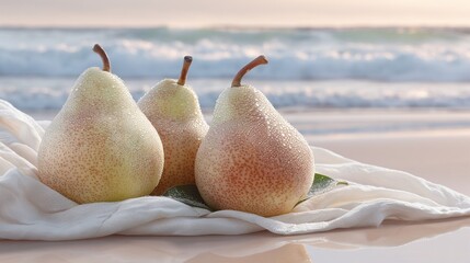   Three pears rest atop white cloth on table, ocean waves crash nearby