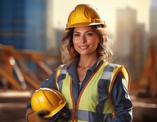 An individual clad in safety wear holds securely a yellow construction helmet. Generative Image