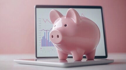 Pink piggy bank with a digital tablet showing graphs, symbolizing modern financial planning and digital savings tools.