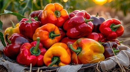 Wall Mural -   A basket brimming red, yellow & green bell peppers against a sunny sky in a field