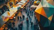 © BYAI - Busy market with colorful tents and geometric sculptures in an urban setting during the evening