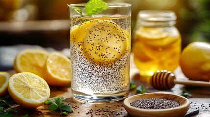 Refreshing lemon water with chia seeds and honey on wooden table. 