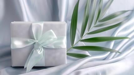 Wall Mural -   An image of a white gift box adorned with a green bow sitting on a white satin background, featuring a palm leaf in the foreground