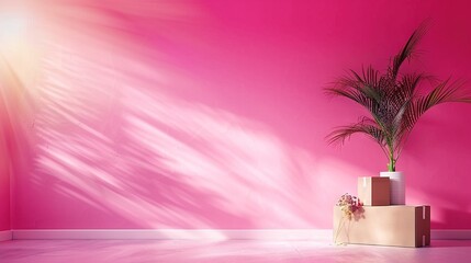 Wall Mural -   A pink room featuring a pink wall, plant in a white vase against a pink backdrop